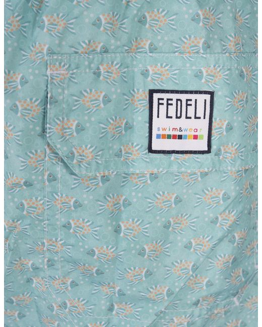 Fedeli Blue Swim Shorts With Fish Pattern for men