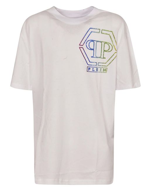 Philipp Plein White Logo Embellished Crewneck T-Shirt for men
