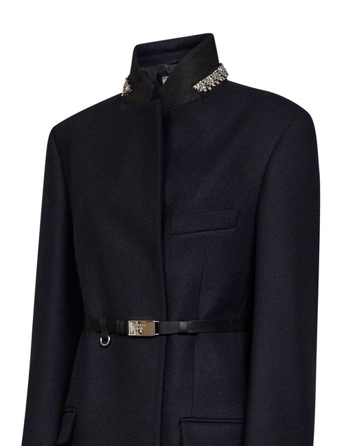 Prada Blue Abbigliamento Virgin Wool Embroidered Belted Coat