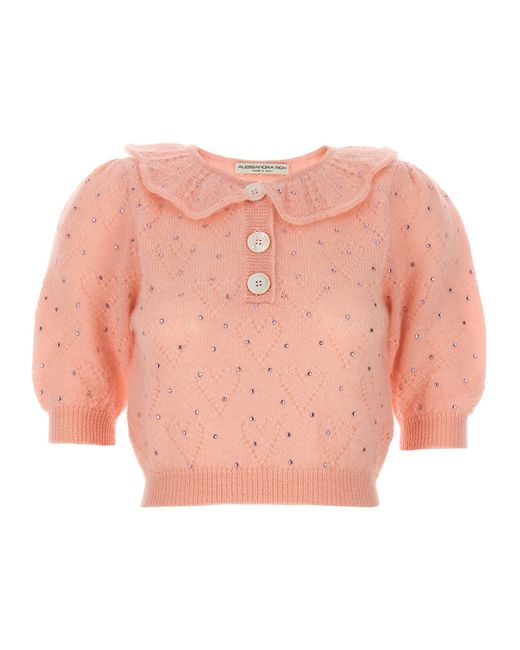 Alessandra Rich Pink Rhinestone Appliqué Mohair Blend Sweater