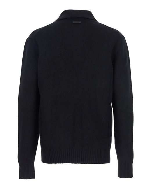 Dolce & Gabbana Blue Wool Polo Collar Sweater With Logo Patch Polyamide for men