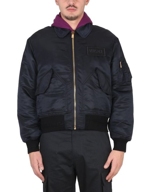 Versace Blue Bomber Jacket With Applied Logo for men