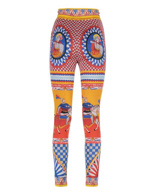 Dolce & Gabbana Blue Leggings Carretto Print Silk
