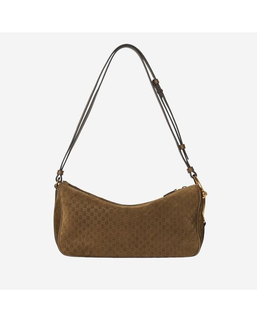 Gucci Brown Half Horsebit Shoulder Bag Suede Handbags