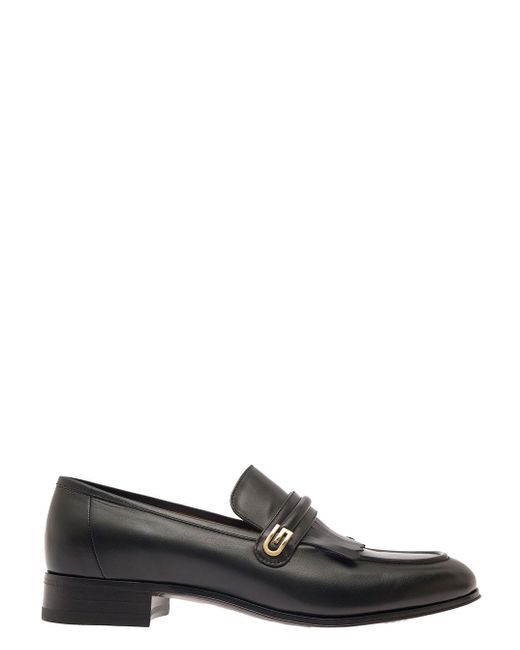 Gucci Gray Black Loafers With Fringes And Double G In Smooth Leather for men