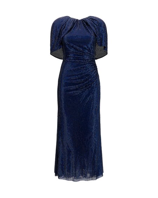 Self-Portrait Blue Midi Dress With Cape Sleeves And Crystals Polyester; Elastane