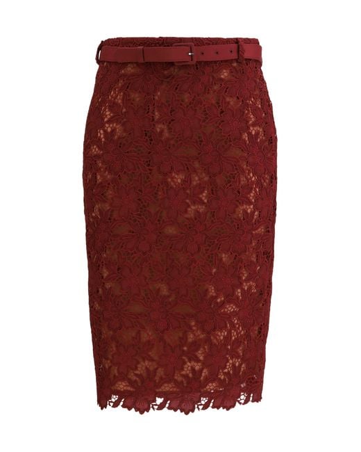 Self-Portrait Red Guipure Lace Midi Skirt Polyester