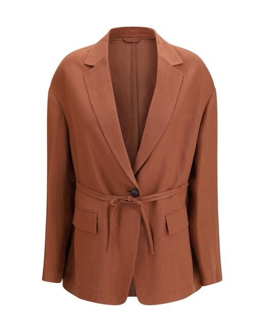 Brunello Cucinelli Brown Monili-Embellishment Blazer Viscose; Linen Jacket
