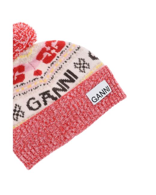 Ganni Red Recycled Wool Beanie Hat