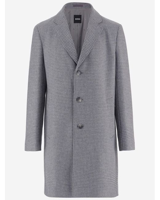 Boss Gray Wool Coat Houndstooth for men