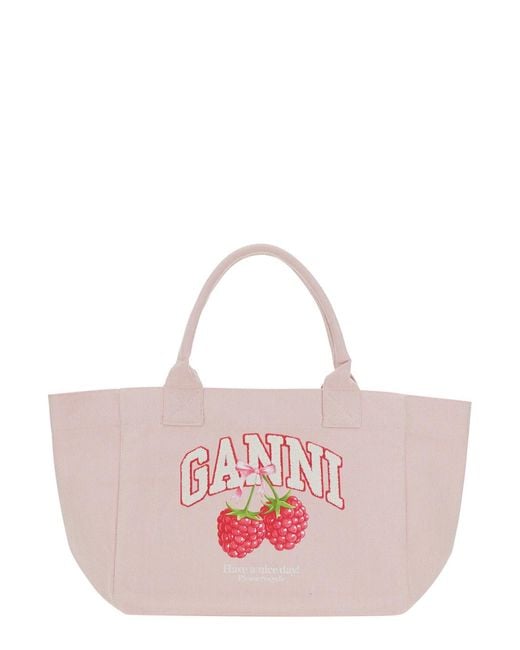 Ganni Pink Tote Bag Trapeze Medium Cotton