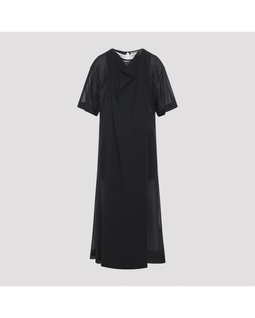 Carven Black Sheer Draped Midi Dress Cotton