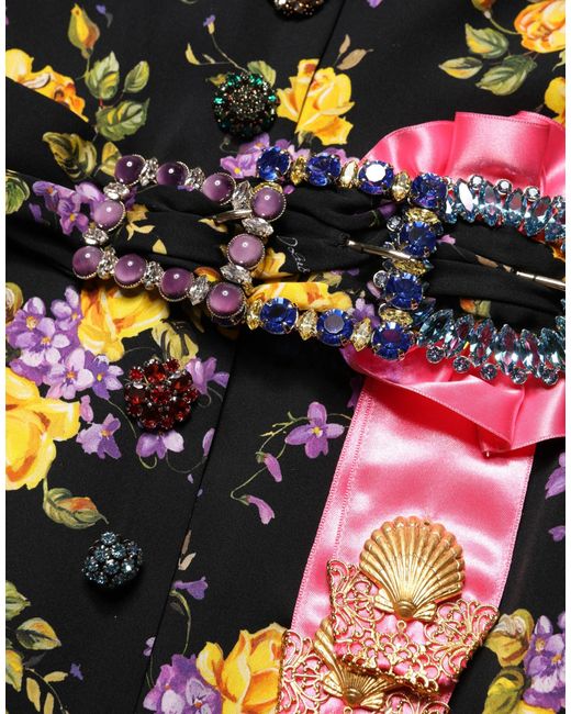 Dolce & Gabbana Black Purple Crystal Brooch Silk Midi Dress