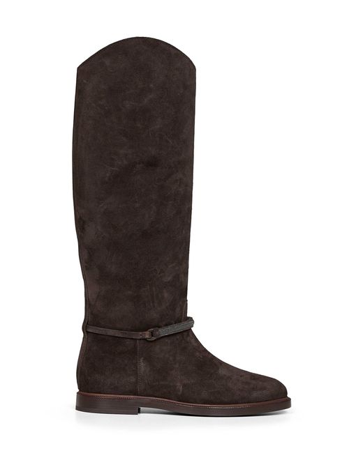 Brunello Cucinelli Brown Pepper Suede Boot With Precious Strap