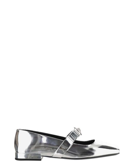 Versace White Medusa-plaque Square-toe Metallic Ballerina Shoes