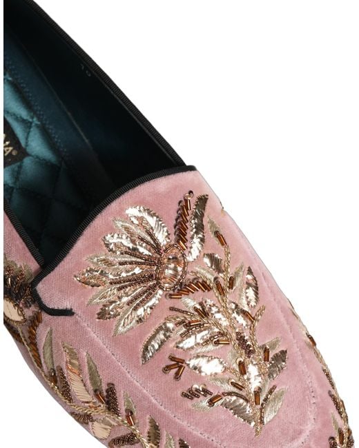 Dolce & Gabbana Pink Velvet Floral Embroidery Loafers Shoes Leather for men