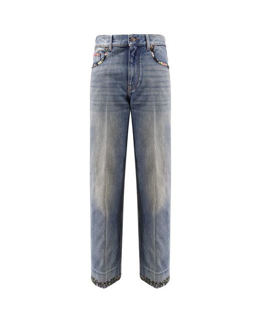 Valentino Blue Jeans With Floral Print Fabric Border Detail