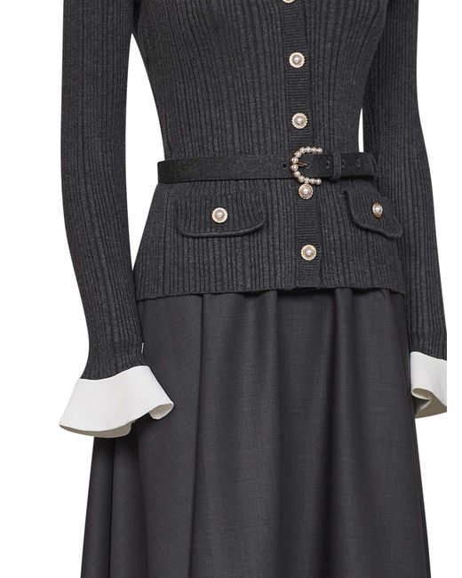 Self-Portrait Black Knit And Twill Belted Midi Dress