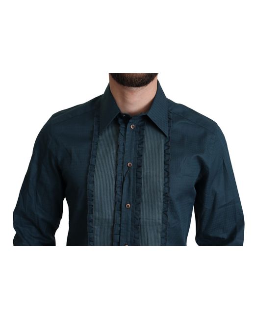 Dolce & Gabbana Blue Elegant Ruffled Tuxedo Shirt Cotton for men