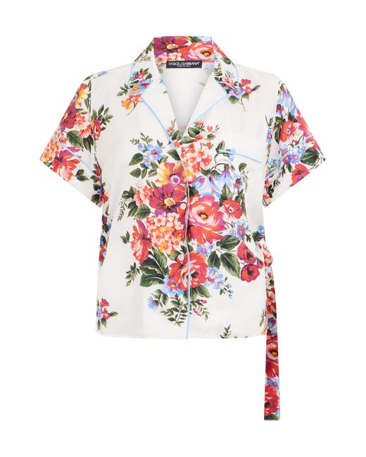 Dolce & Gabbana White Shirt Short-Sleeved Floral Silk