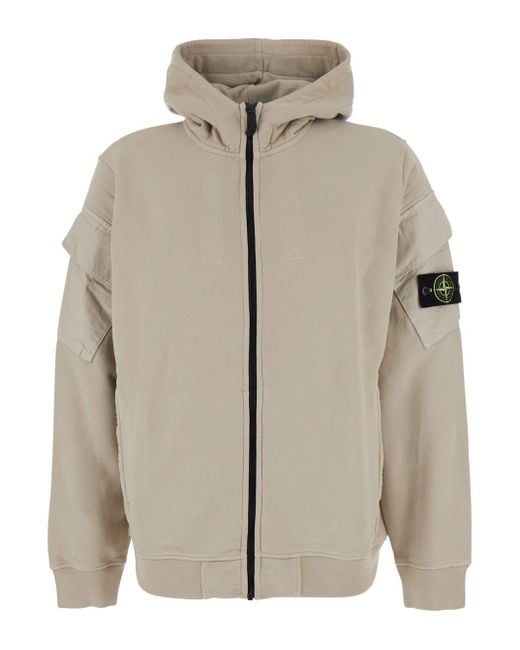 Stone Island Natural Sweatshirt With Fixed Hood And Logo Patch On The Sleeve for men