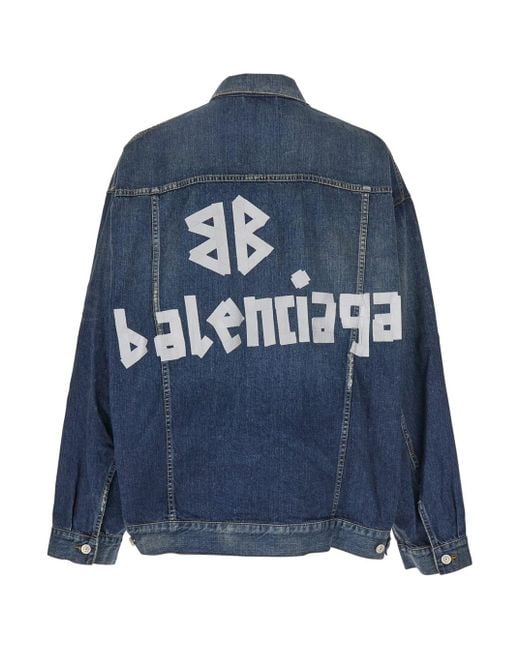 Balenciaga Blue Jacket With Classic Collar And Maxi Logo Print On The Rear for men