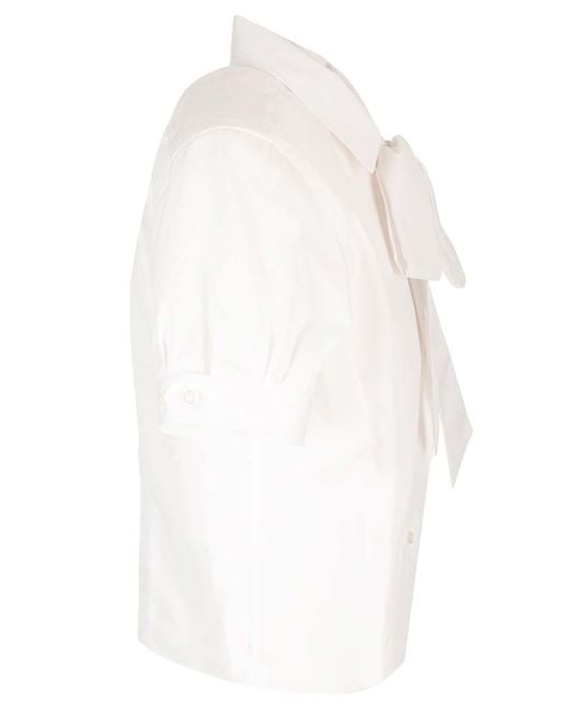 Thom Browne White Short Sleeve Tucked Blouse W/ Bow