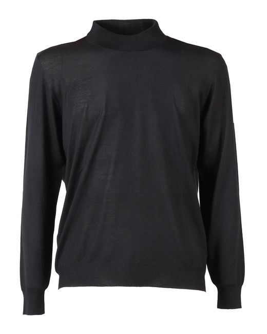 Fedeli Black Mock-Neck L-S Knitted Sweater Virgin Wool Crewneck for men