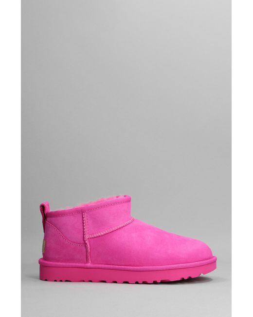 UGG Classic Ultra Mini Low Heels Ankle Boots In Fuxia Suede in Pink ...