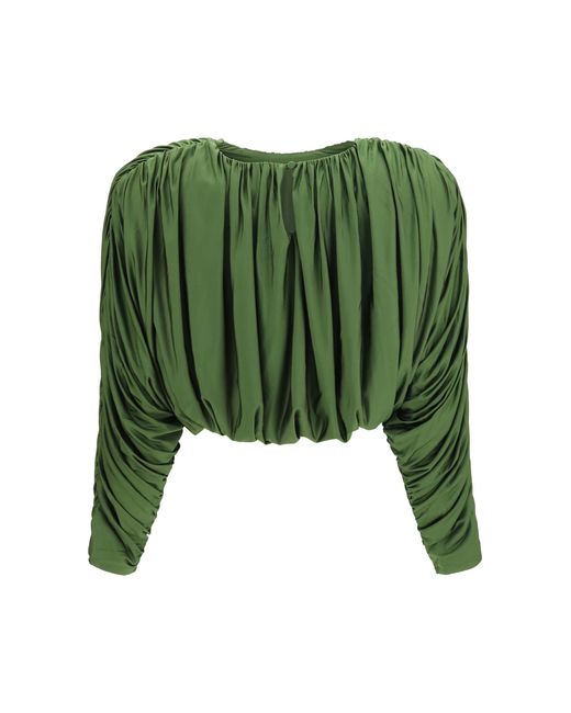 Self-Portrait Green Draped Jersey Top Viscose; Elastane