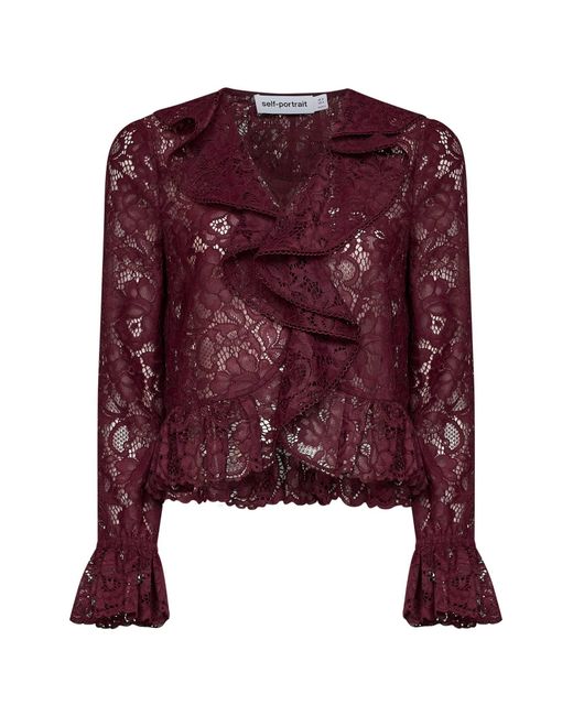 Self-Portrait Red Top Ruffled Lace Polyester Cardigans