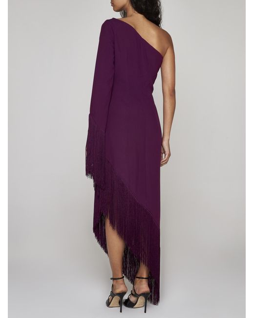 ‎Taller Marmo Purple Ubud One-shoulder Feather-trimmed Maxi Dress
