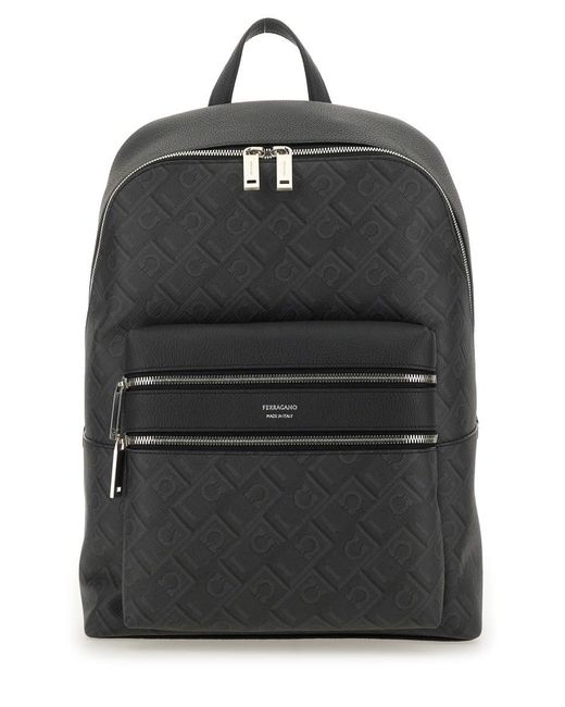 Ferragamo Black Monogram Logo Backpack for men