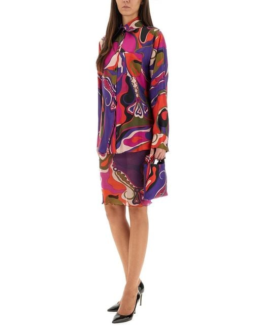 Emilio Pucci Red Orchid Print Shirt Silk