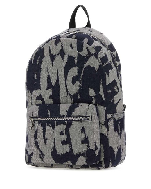 Alexander McQueen Gray Embroidered Fabric Mcqueen Graffiti Backpack for men