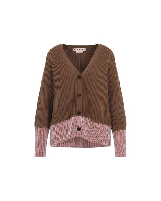 Marni Brown V Neck Bicolor Cardigan