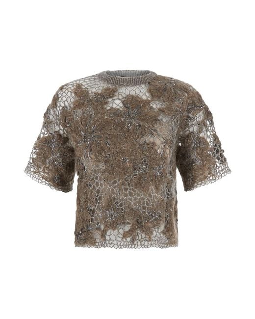Brunello Cucinelli Gray Crew Neck T-Shirt With Deconstructed Shoulders Virgin Wool T-Shirts & Jerseys