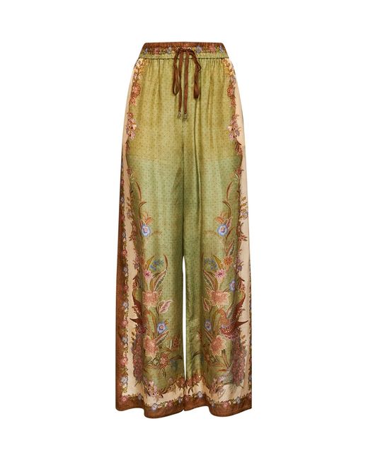 Zimmermann Green Khaki Floral Scarf-Print Silk Habotai Indra Relaxed Trousers