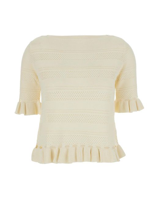 Twinset White Sweater With Ruffles And Perforated Design