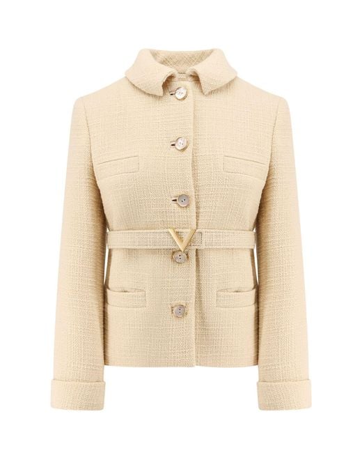 Valentino Natural Wool Blazer With Leather Belt And V Buckle