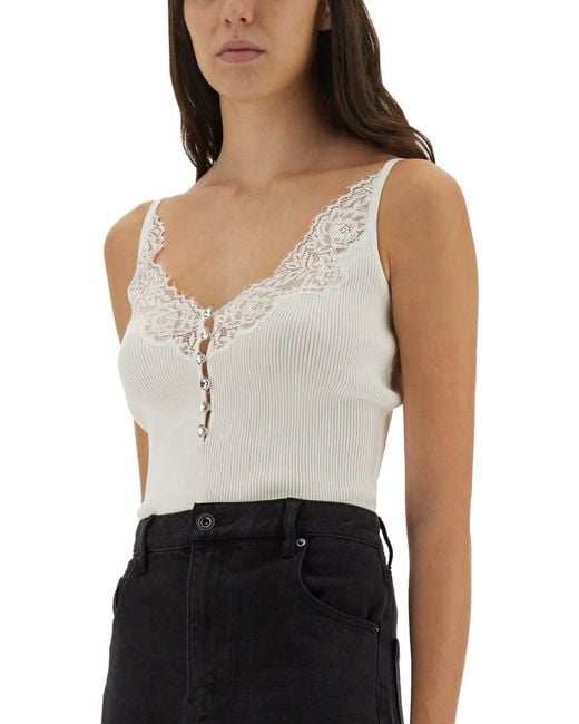 Self-Portrait White Ribbed Knit Top With Lace