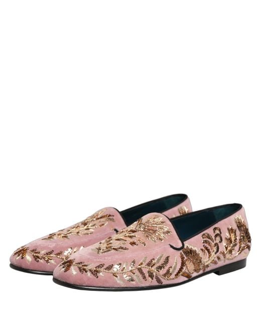 Dolce & Gabbana Pink Velvet Floral Embroidery Loafers Shoes Leather for men