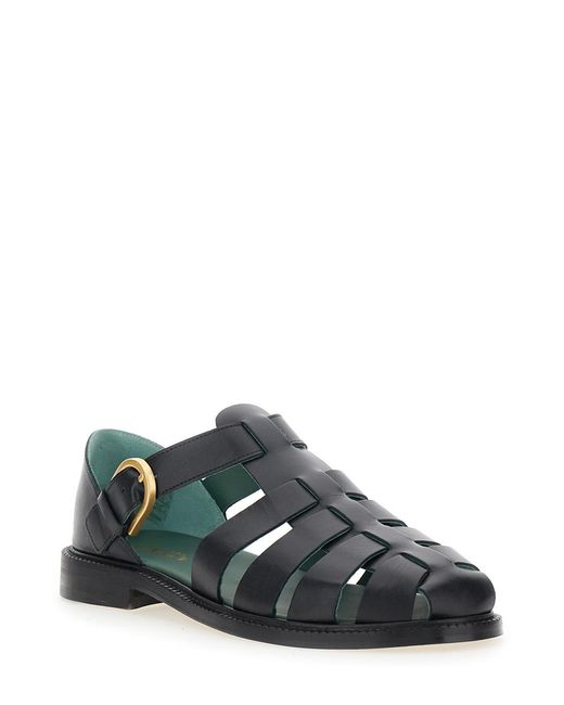 VINNY'S Black Leather Cage Design Sandals With Buckle Closure Nappa Flat Shoes for men
