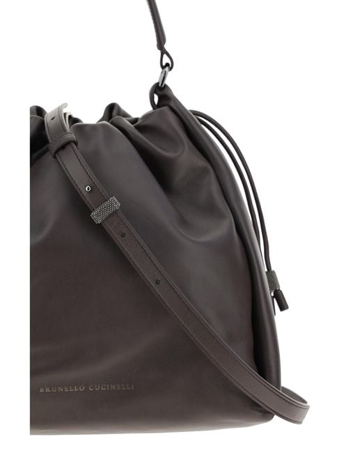 Brunello Cucinelli Black Leather Shoulder Bag With Drawstring Closure Calf Bos Taurus