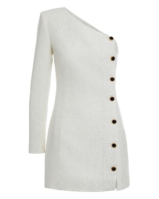 Alessandra Rich White Mini Knitted Dress With Decorative Buttons Polyamide