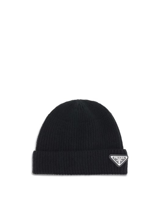 Prada Black Beanie Hat With Logo for men