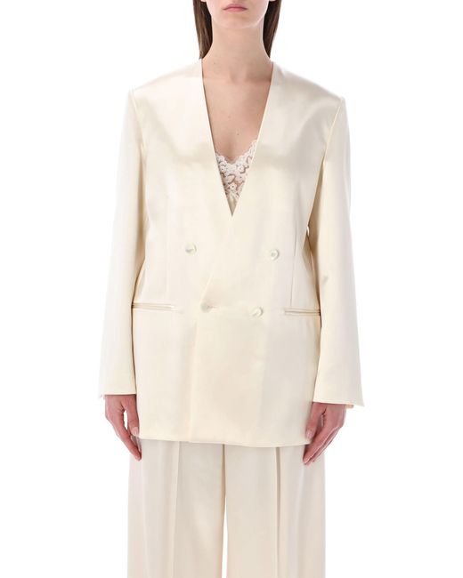 Alberta Ferretti Natural Double-Breasted Glossy Satin Jacket