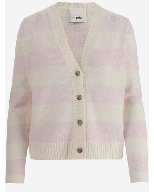 Allude Natural Wool And Cashmere Blend Striped Cardigan