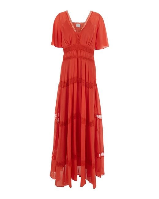 Forte_forte Red Long Dress Co-Se Volie And Lace With Slip Details Cotton Silk Underskirt