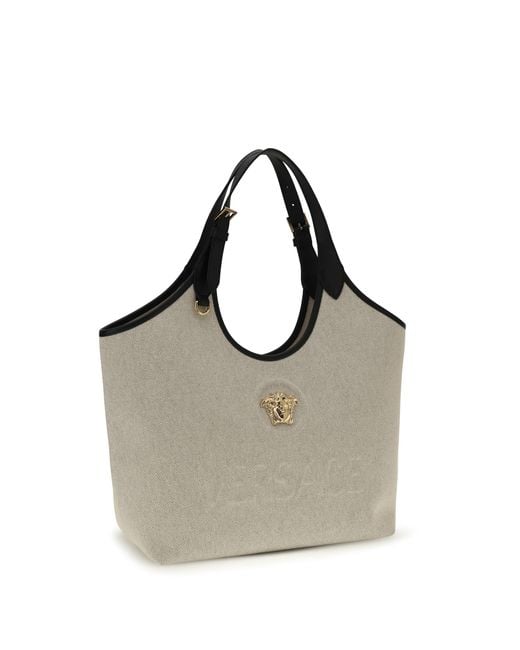 Versace Gray Tote Fabric Calf Leather Rope Cotton Shoulder Bags